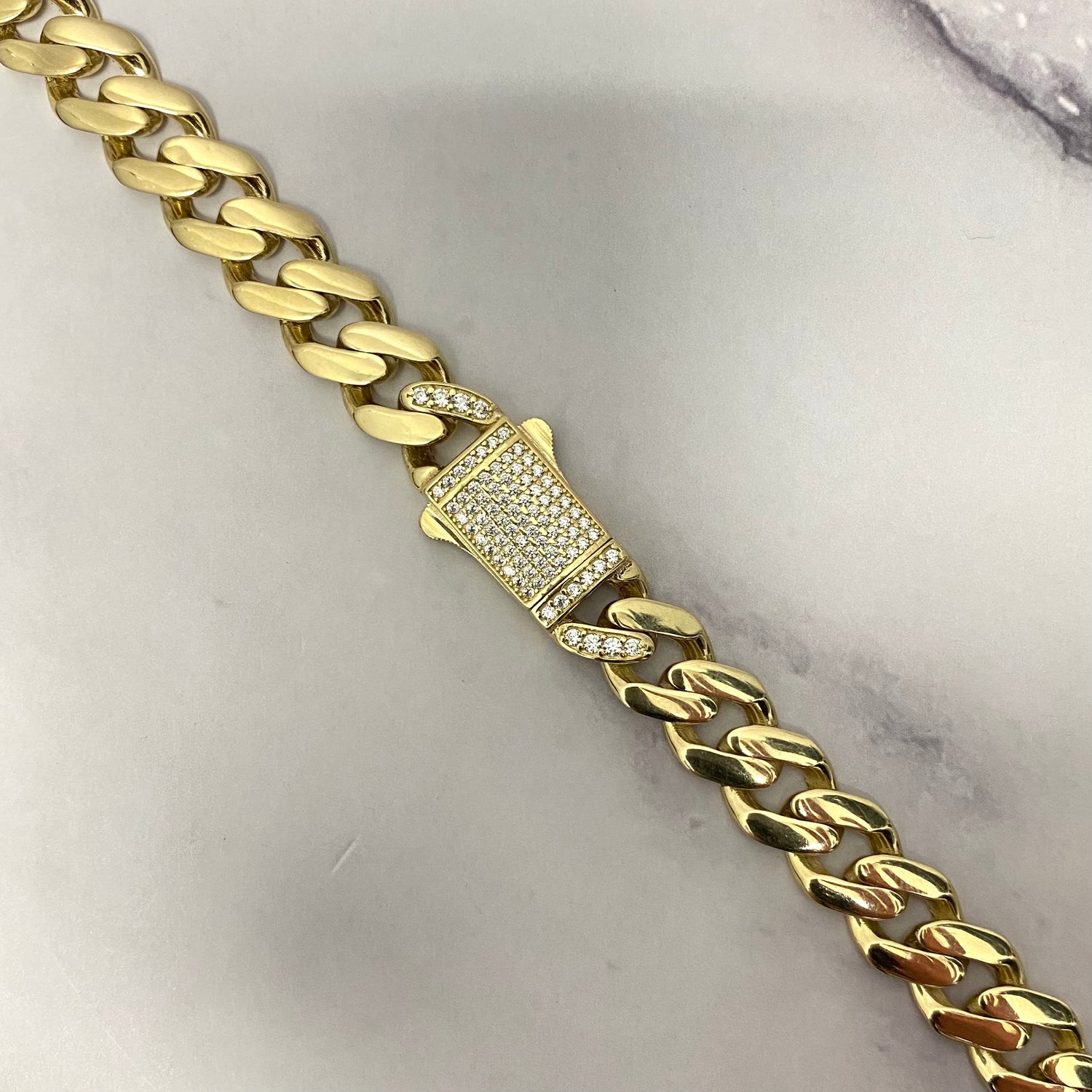 14K Yellow Gold Monaco Cuban Link Chain With Zircons / 43.3gr / 10.8mm / 24in