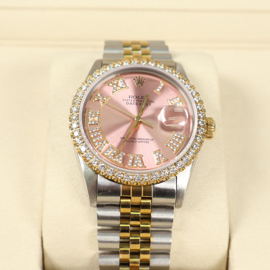 Rolex datejust Pink Face Dia Dial Roman Numbers - Diamond Bezel Ref 16013 Watch / 36mm /
