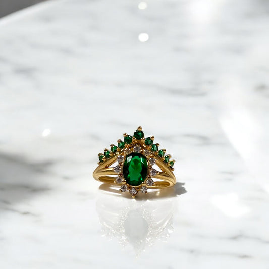 18K Yellow Gold Tiara Ring With Green/White Zircons / 3gr / Size 5.5