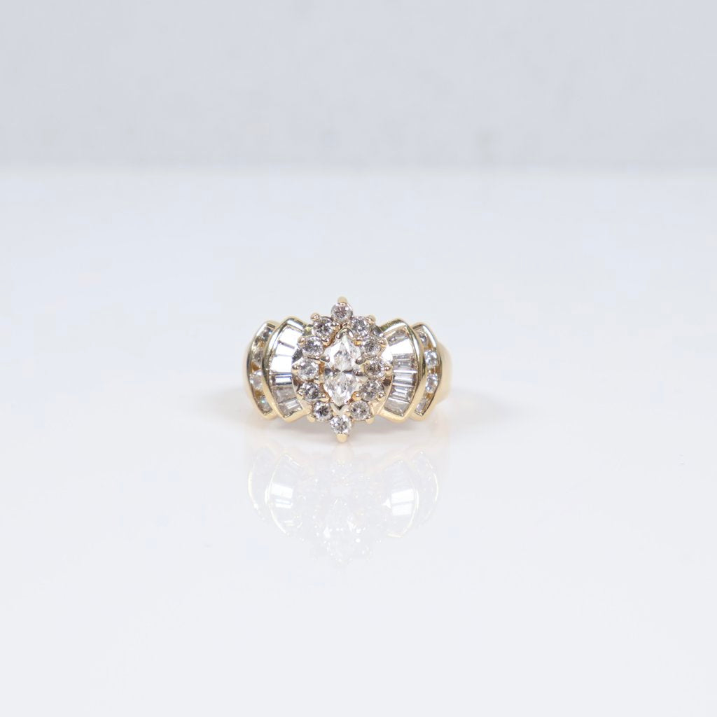 14K YG Diamond Luxury Marquise Cut Ring / 6.6gr / Sz 8 / 1Ct Dia