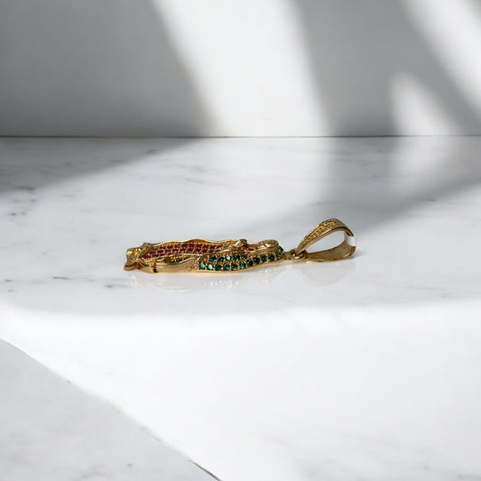 18K Yellow Gold Virgen Guadalupe Pendant With Green/Fucshia Zircons / 3.2gr