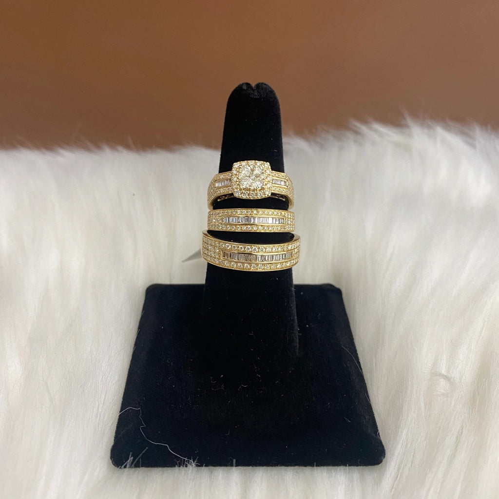 14K Yellow Gold Diamond Luxury Square Engagement Ring Trio 1.82Ct Dia / 9.2gr / Size 7W/10.5