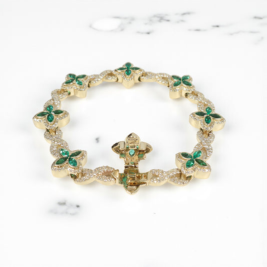 10K YG Diamond Clover With Emerald Bracelet / 32gr / 14mm / 8in / Eme-4.45Ct / D-3.65Ct