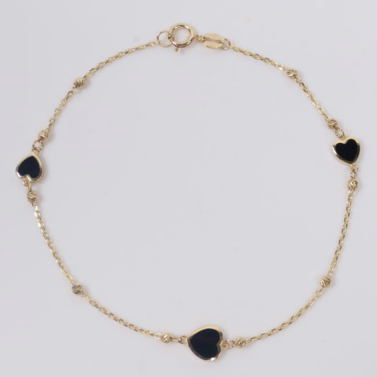 14K YG Black Little Hearts / Diamond Cut Balls Bracelet / 1.3gr / 1mm / 7in /