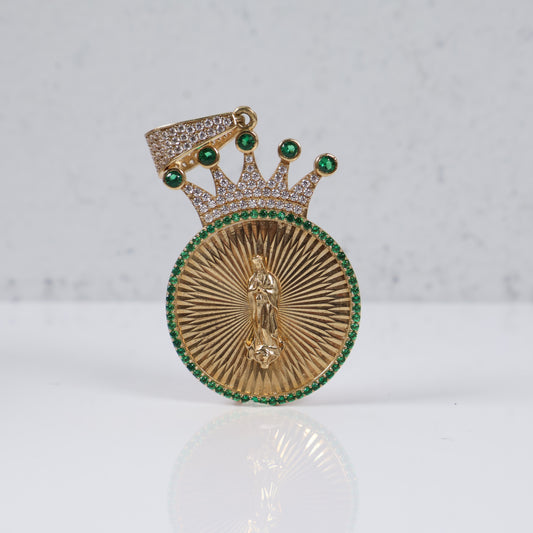 Virgen Maria Crown Pendant 10K Yellow Gold With Zirconia / 9.6gr