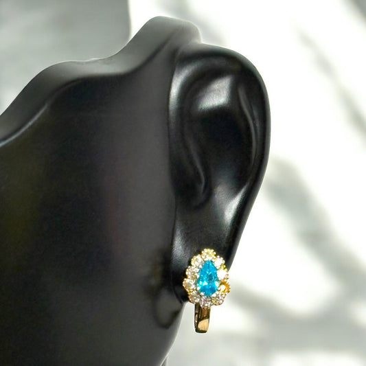 14K Yellow Gold Luxury Stud Earrings With Sky Blue Zircons / 1.3gr