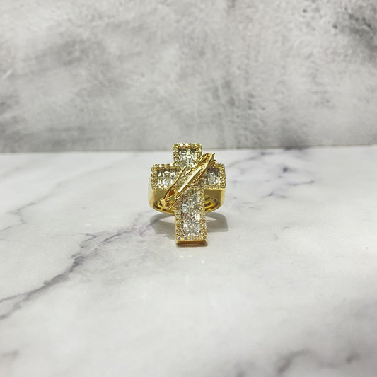 10K Yellow Gold Diamond Spines Cross Ring 1.86Ct Dia / 13.64gr / Size 9.5