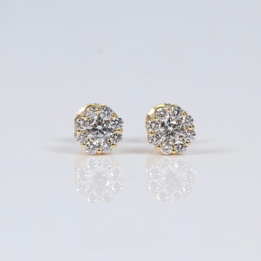 14K YG Lab Diamond Flower Stud Earrings / 1.46gr / 7mm / 0.99 CTTW Lab VS / E-F