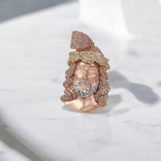 14K 3 Tone Big Jesus Face Pendant / 11.2gr / 1.8in / White Zircons