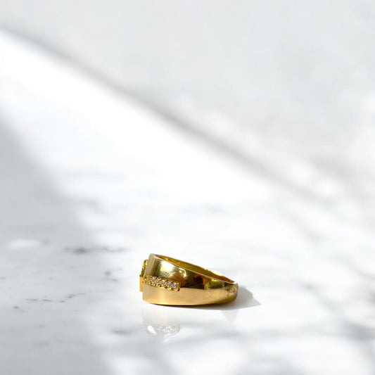 18K Yellow Gold Green Honeycomb Ring With Zircons / 5.9gr / Size 9 3/4