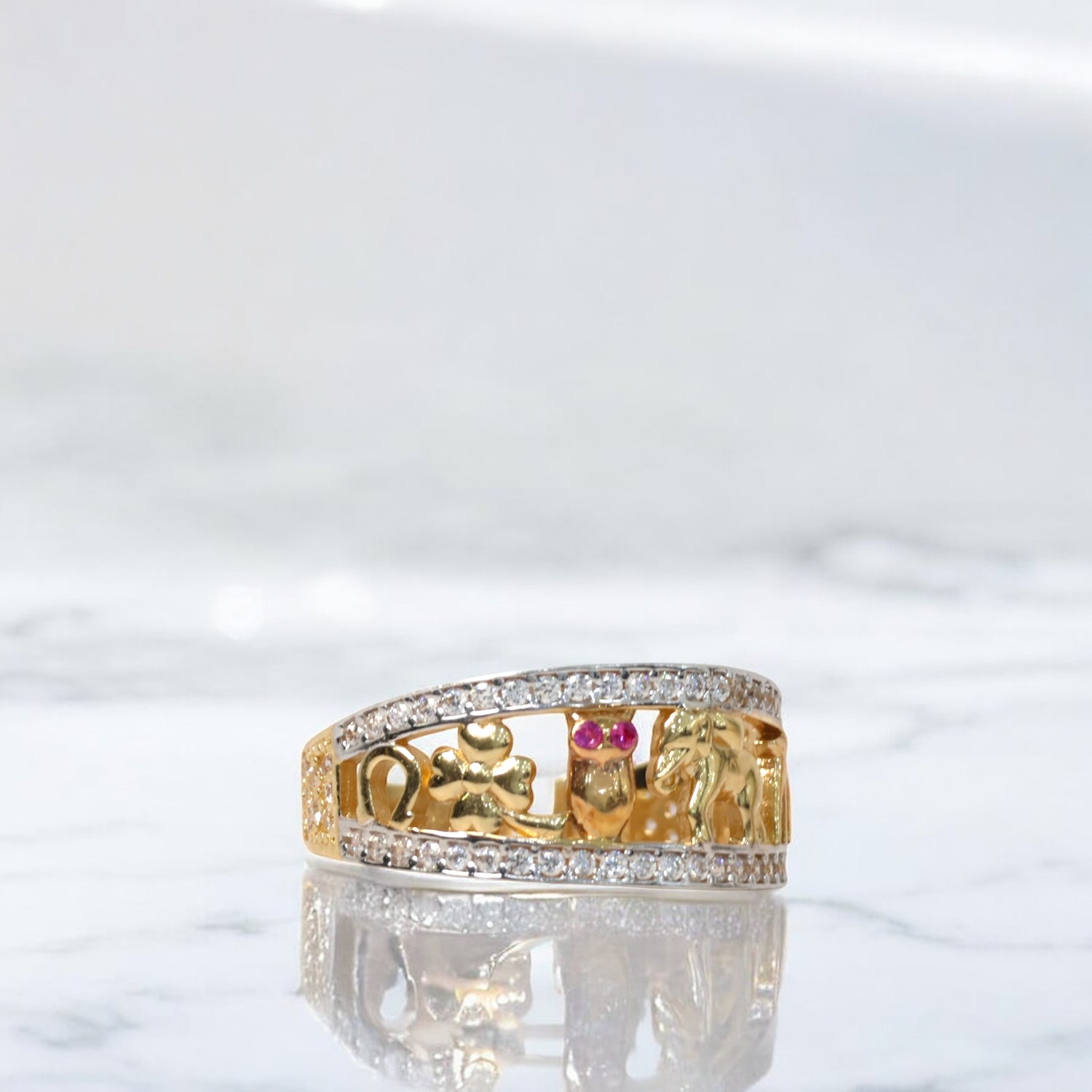 14K Yellow Gold 13 Lucky Symbols Ring With Zirconia / 2.5gr / Size 6.5