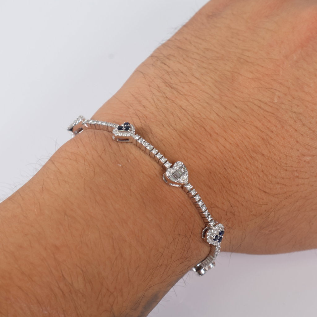 14K WG Diamond Heart-Tennis With Sapphire Bracelet / 12.6gr / 2.2mm / 7in / 2.85Ct / VS2-SI / G-H - 0.40Ct Sap