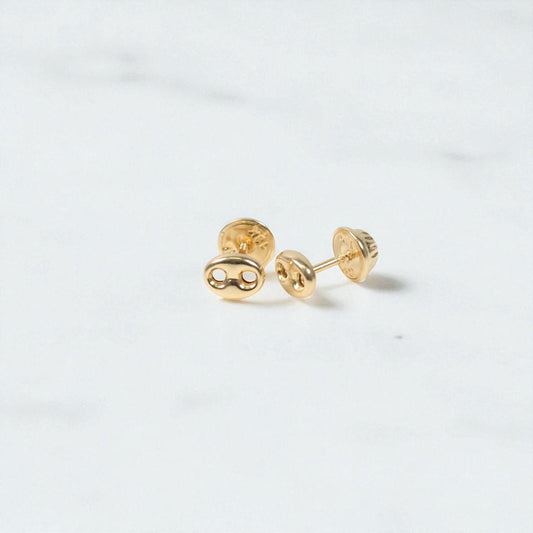 18K YG Modern Designer Link Stud Earrings / 0.53gr / 6mm /