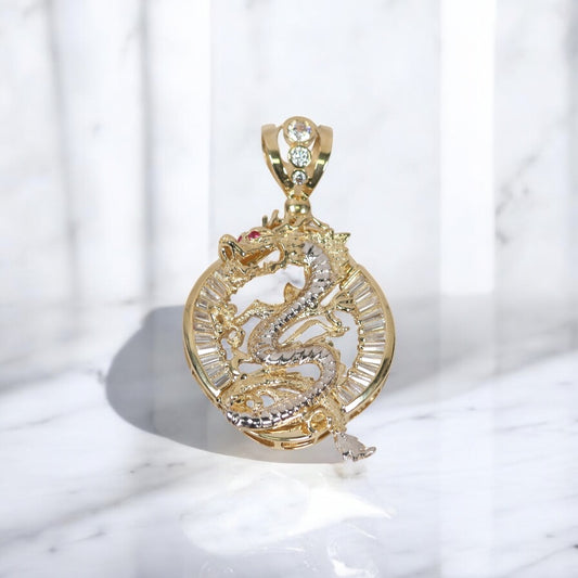 14K 2 Tone Dragon Pendant / 26.85gr / 2.6in / Fucshia/White Zircons