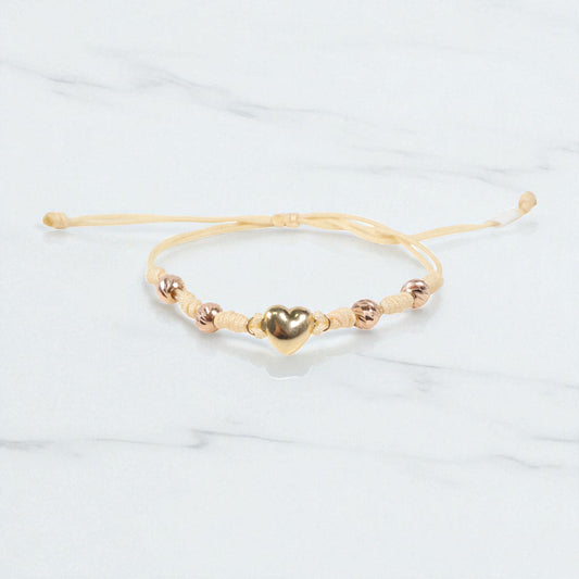 18K 2 Tone Heart-Diamond Cut Balls Bracelet Tejido / 1.04gr / Adjustable /
