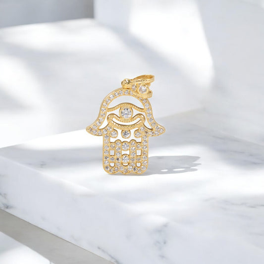 10K YG Hamsa Hand Pendant / 4.7gr / 1.7in / White Zircons