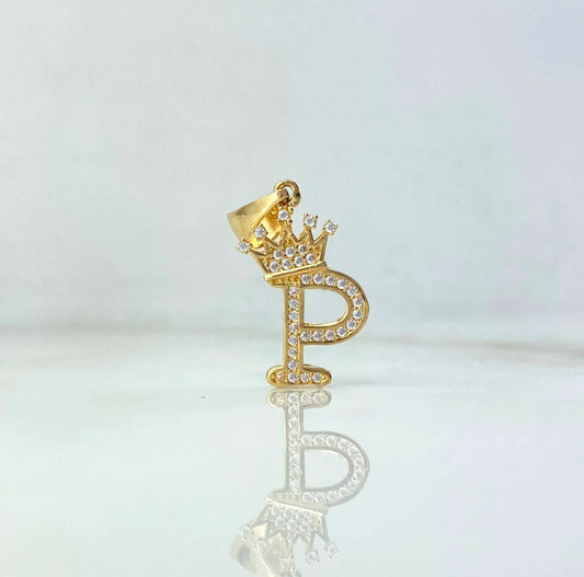 18K Yellow Gold Letter P With Crown Pendant With Zircons / 1.58gr / 1in