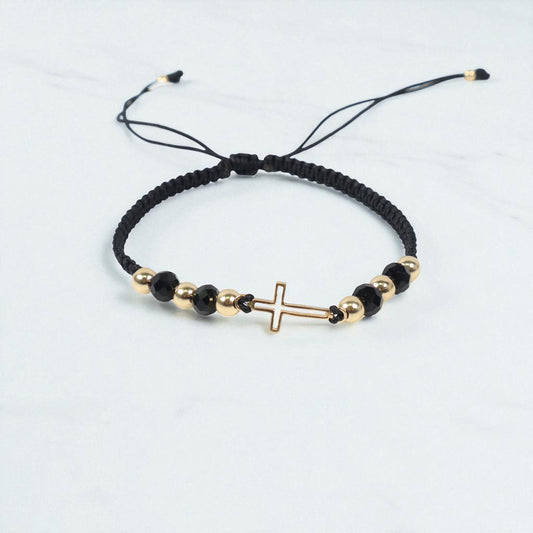 18K YG Cross Silhouette-Smooth Balls Bracelet Tejido / 1.7gr / Adjustable /