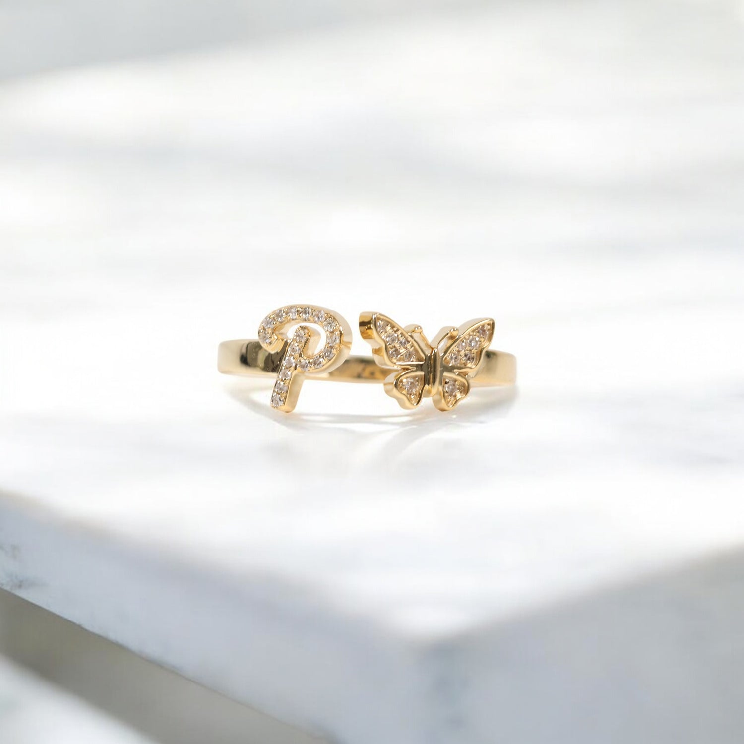 10K YG Diamond Butterfly - Letter P Rings / 2.2gr / Sz 6 1/4 / 0.08Wt Dia