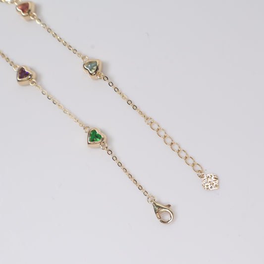 14K YG Little Hearts Bracelet / 4.1gr / 1.1mm  / 8in / Colored Zircons