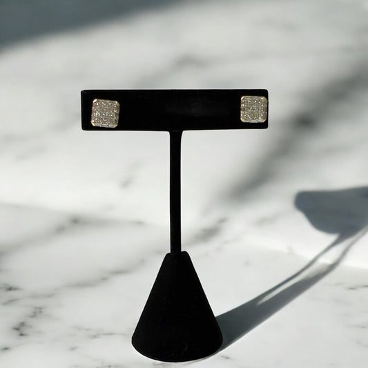 14K Yellow Gold Diamond Square Stud Earrings 0.95Ct / 3.1gr