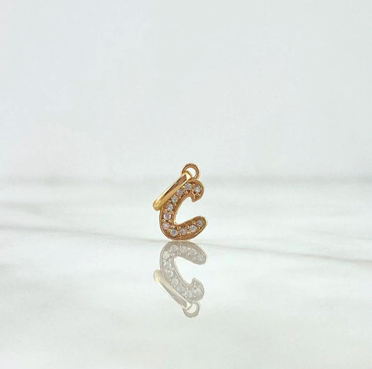 18K Yellow Gold Letter C Italics Pendant With Zircons / 0.48gr / 0.5in
