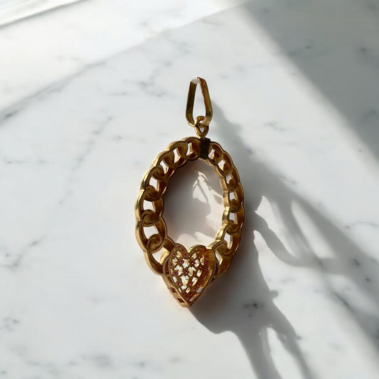 18K Yellow Gold Heart Cuban Pendant With Red Zircons / 5gr