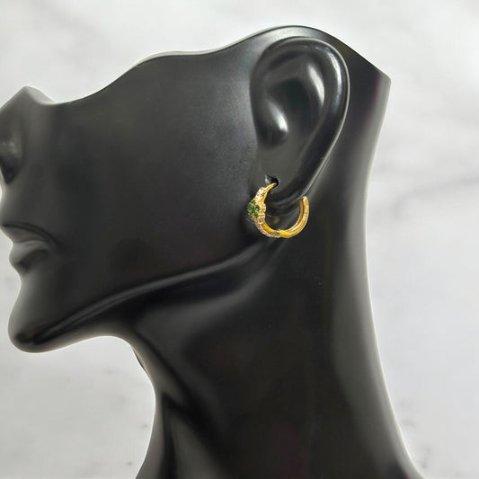 14K Yellow Gold Luxury Huggie Flower Hoop Earrings With Green Zircons / 1.2gr
