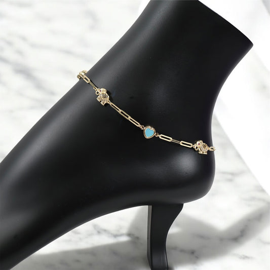 14K YG Paper Clip Heart-blue / Elephant Anklet / 5.38gr / 10in