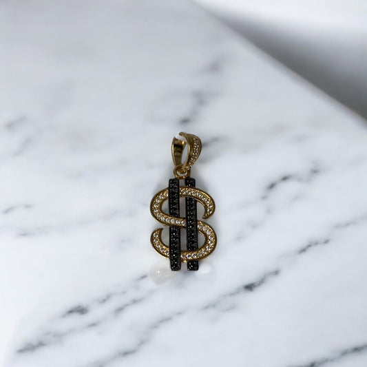 18K Yellow Gold Cash Symbol Pendant With Black/White Zircons / 3.53gr / 1.3in