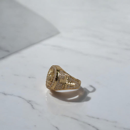14K YG Crusifix Rings / 9.41gr / Sz 9.5 / White Zircons