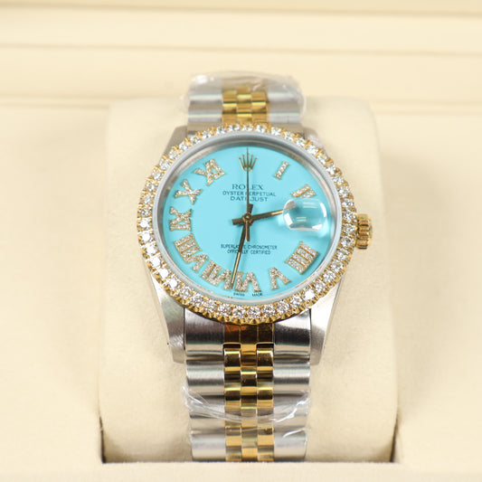 Rolex DateJust Tiffany Face Dia Dial Roman Numbers - Diamond Bezel Ref 16013 Watch / 36mm /