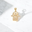 10K YG Hamsa Hand Pendant / 4.7gr / 1.7in / White Zircons
