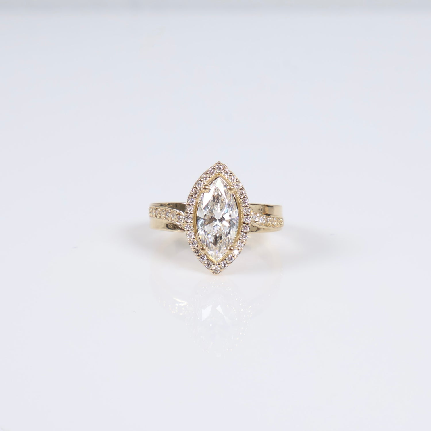 14K YG Lab Diamond Marquise Brilliant Engagement Ring / 5.15gr / Sz 6 3/4 / 1.50Ct Lab Dia / E / VS1