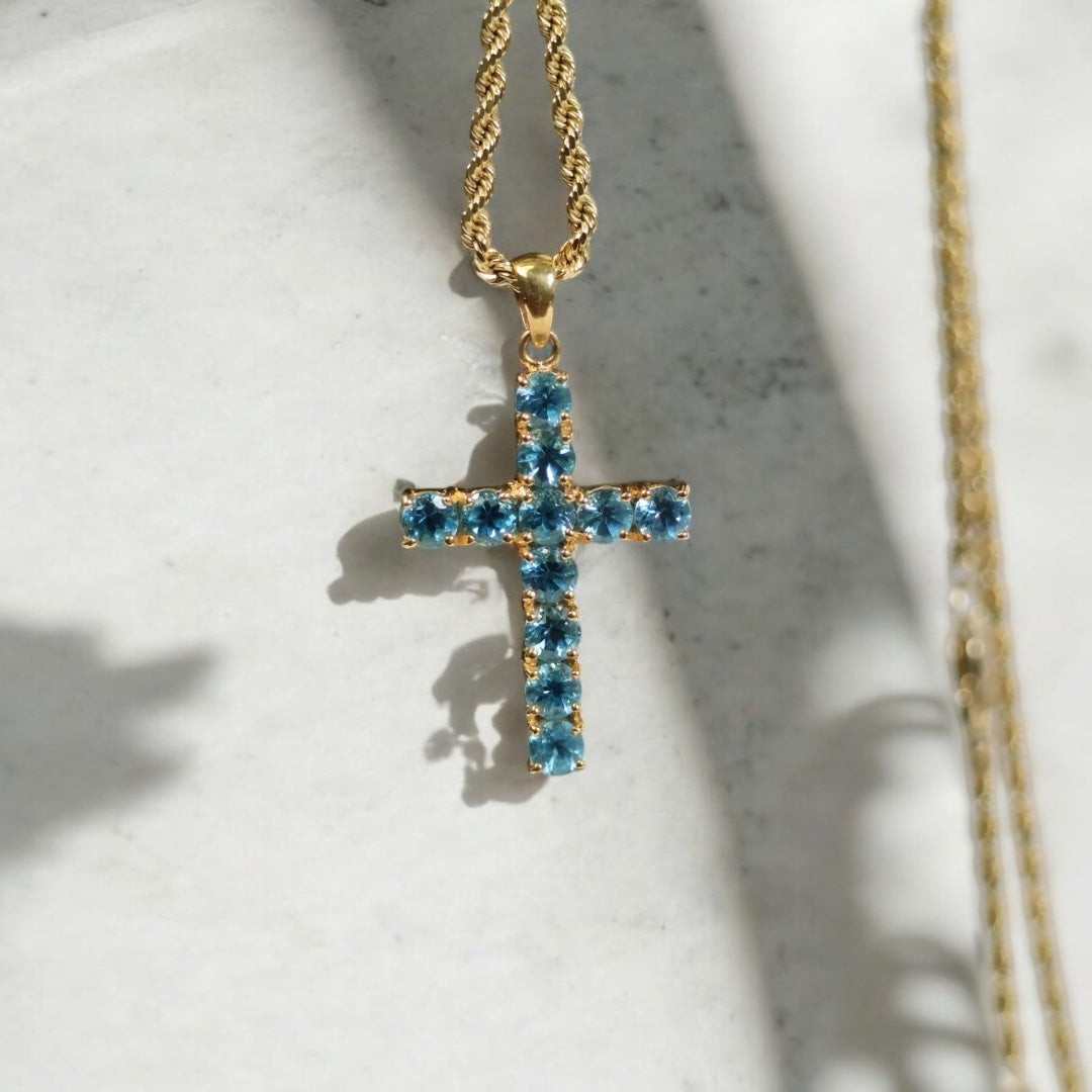 14K YG Cross / Rope Chain Set Jewelry / 14.6Gr / 2.1mm / 22in /
