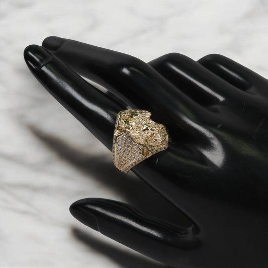 14K YG Jesus Praying Rings / 7.2gr / Sz 9 3/4 / White Zircons
