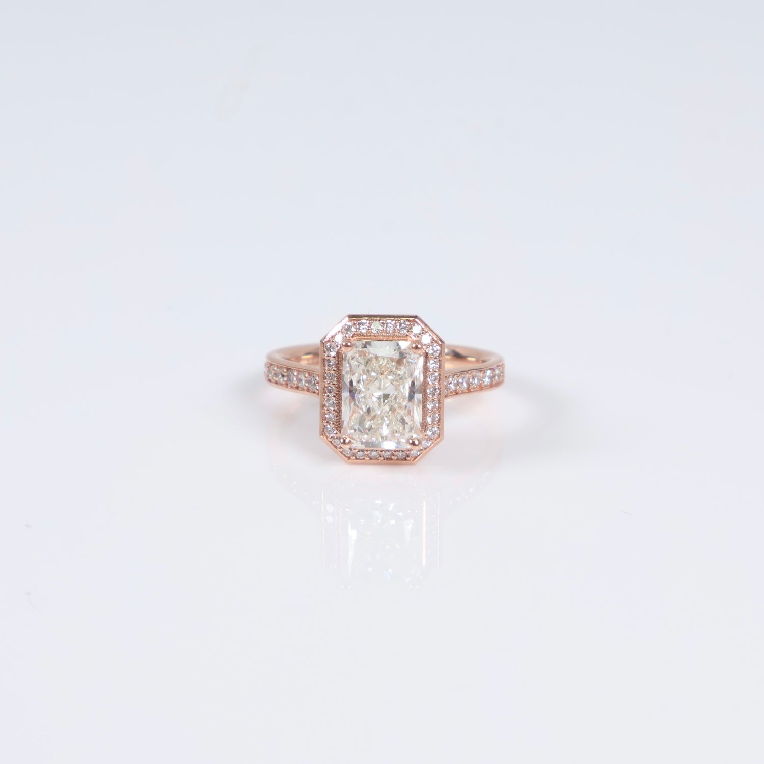 14K RG Lab Diamond Cut Cornered Rectangular Modified Brilliant With Certificate Engagement Ring / 4gr / Sz 6 3/4 / 2.09Ct Lab Dia / F / VS