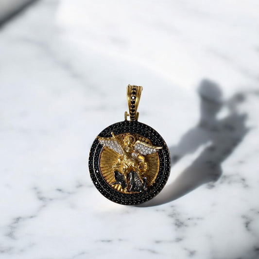 18K Yellow Gold Arcangel San Miguel Pendant With Black Zircons / 18.4gr