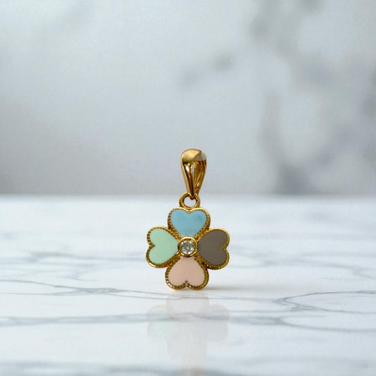 18K Yellow Gold Colorful Clover Pendant With Zircons / 2gr / 0.9in