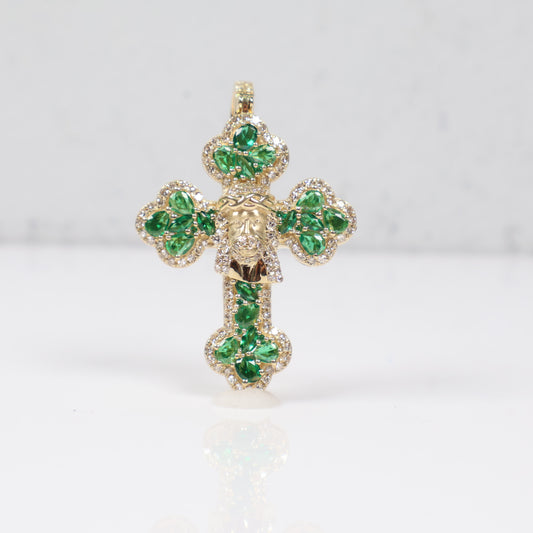 10K YG Diamond Cross - Jesus Face With Emerald Pendant / 8.78gr / 1.7in / D-1.00Ct / E-2.52
