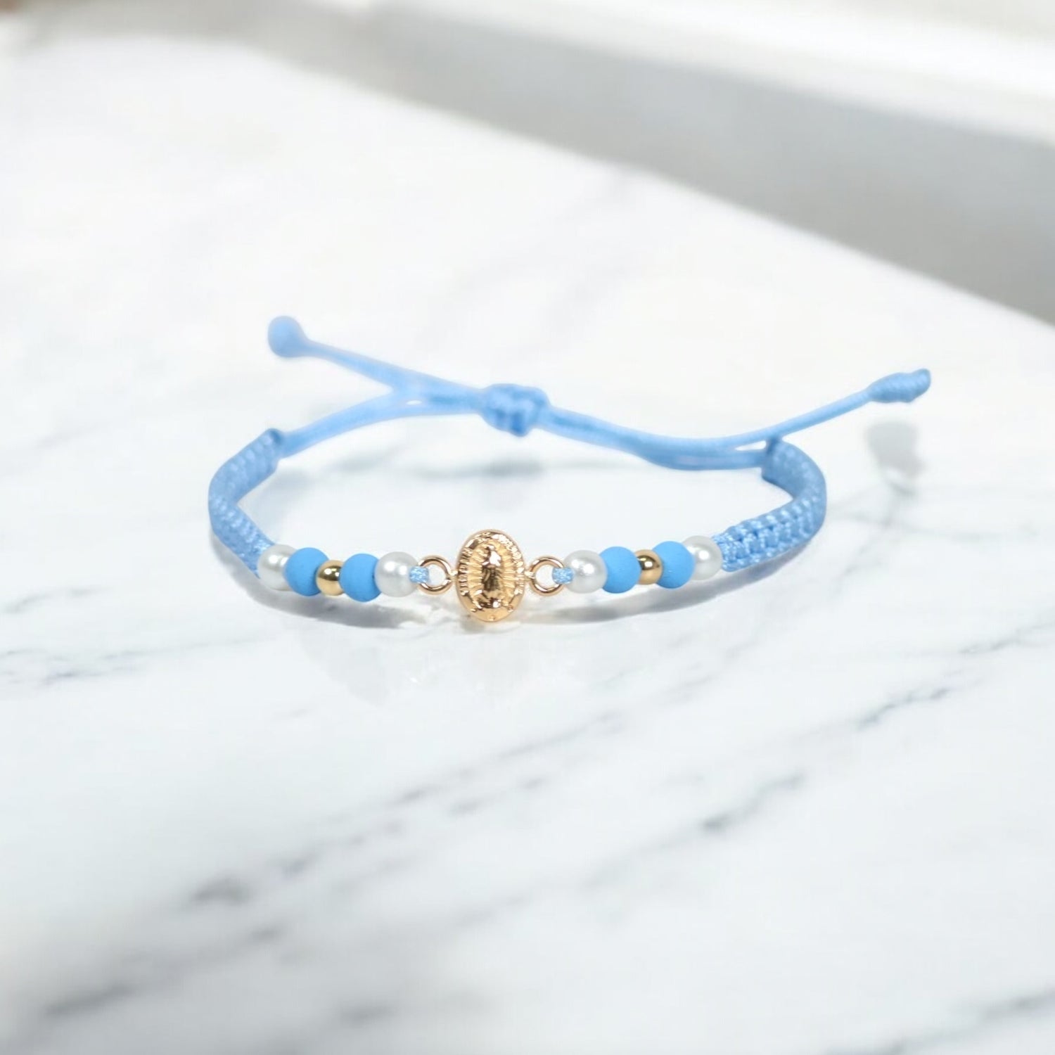 18K YG Virgin Of Guadalupe - Smooth Balls Bracelet Tejido / 0.4gr / Adjustable /