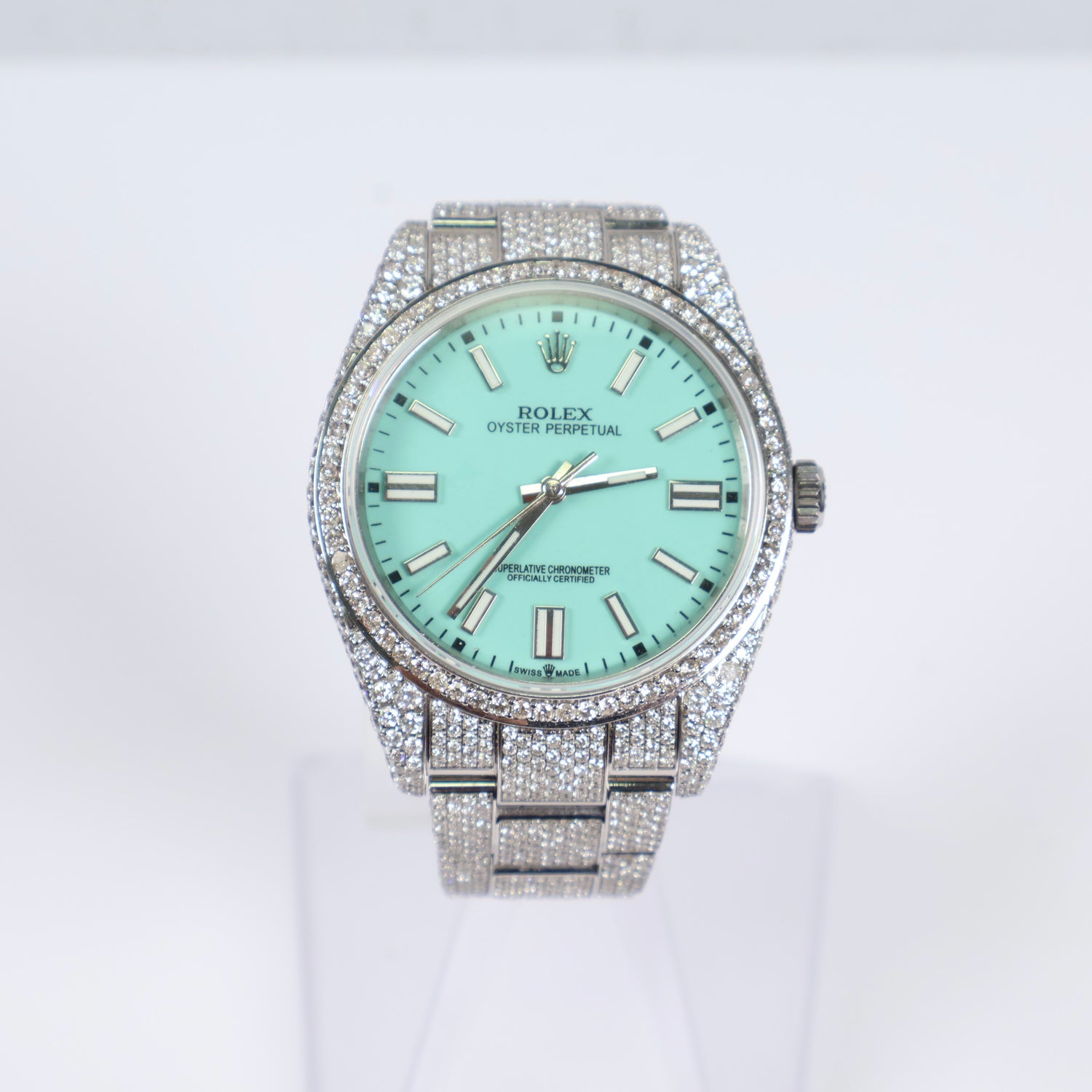 Rolex 41Mm Bustdown 114300-14.62Ct Gold Bezel Tiffany Face 2020 Oyster Band