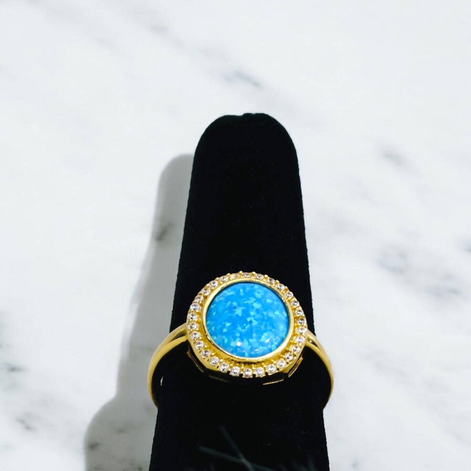 14K Yellow Gold Bluestone Ring With Zirconia / 3.1gr / Size 8