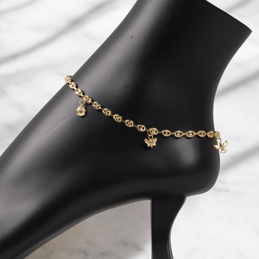 18K Yellow Gold Gc-Oso Ts-Ladybug-Butterfly-Holy Spirit- Anklet / 4.8gr / 4mm / 9.5in