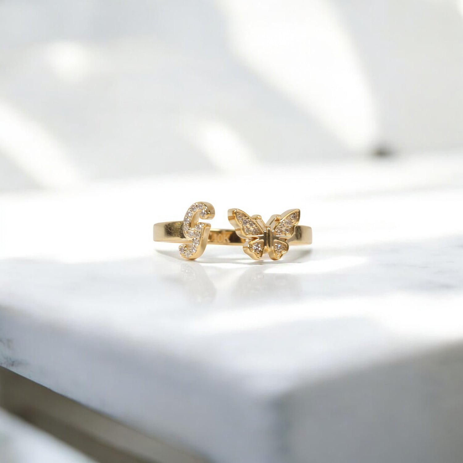 10K YG Diamond Butterfly - Letter G Rings / 2.1gr / Sz 6 1/4 / 0.07Wt Dia