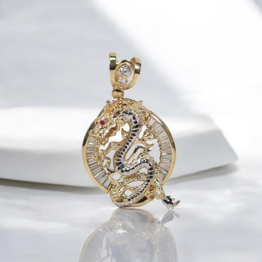 14K 2 Tone Dragon Pendant / 26.85gr / 2.6in / Fucshia/White Zircons