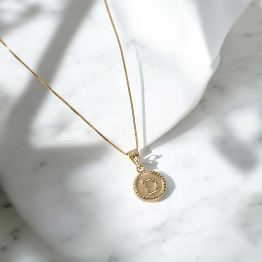 18K Yellow Gold Letter D Mate Bordered Circle Jewelry Set Chain Box Link / 2.06gr / 0.6mm / 17.5in