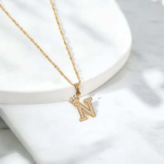 18K Yellow Gold Letter N With Crown Jewelry Set With Zircons / 2.93gr / 1.4mm / 20in