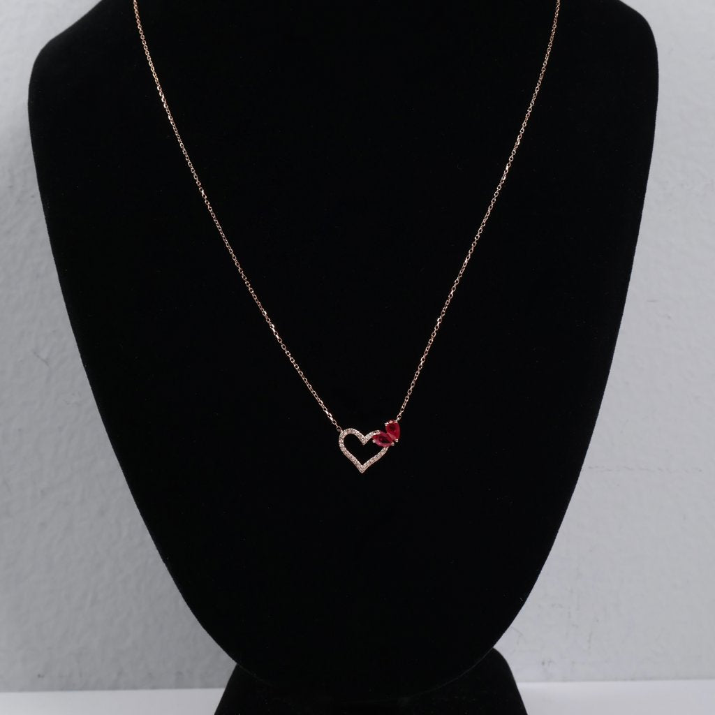 14K RG Diamond Heart With Ruby Set Jewelry / 1.8gr / 1mm / 18in / 0.10Ct / VS2-SI / G-H / 0.45Ct Ruby