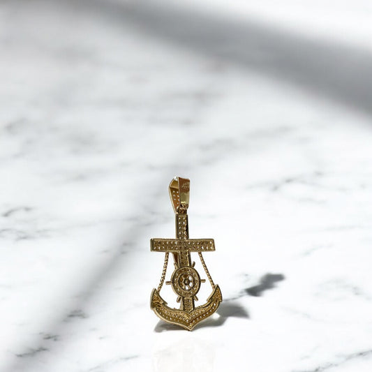 14K Yellow Gold Cross/Jesus Anchor Pendant With Zircons / 5.3gr / 2.5in